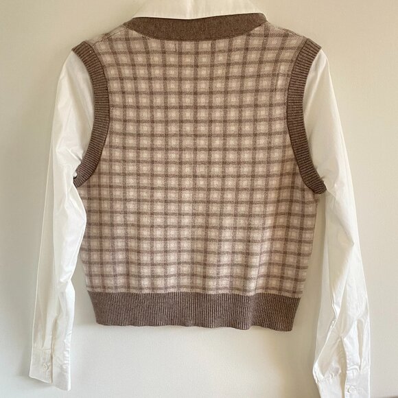 Tahari Beige White Plaid Sweater Vest Long Sleeve Top M - Picture 2 of 7